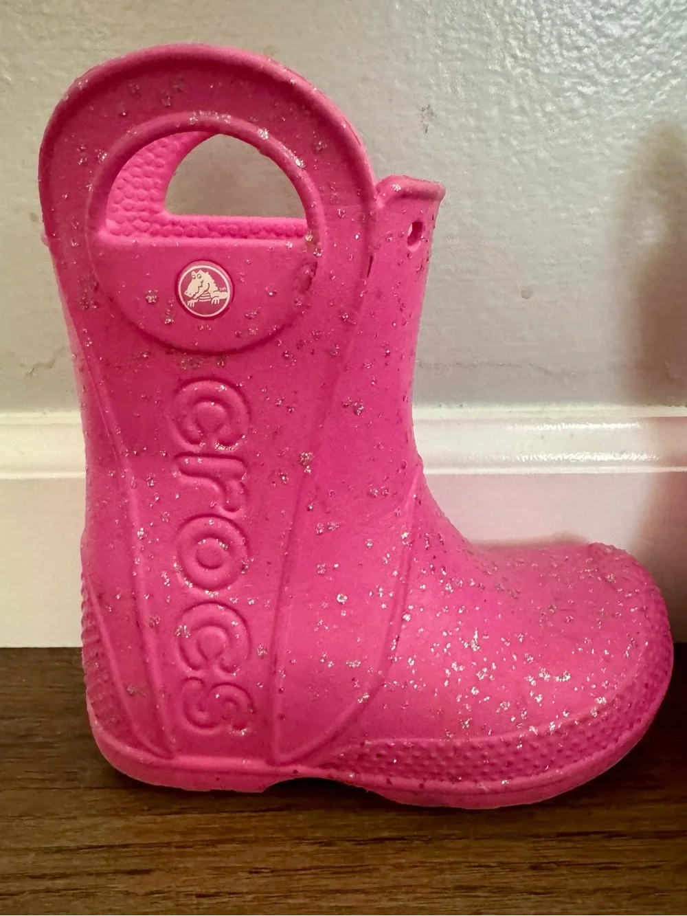 CROCS Kids Pink Sparkle Rain Boots with Pull Handles
